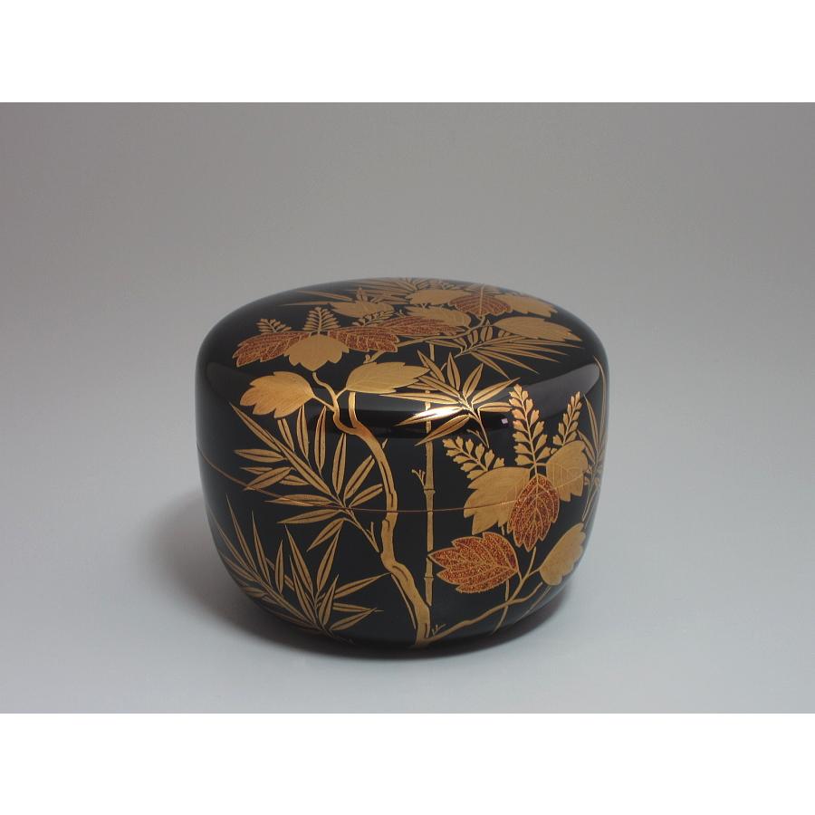 桐竹蒔絵黒平棗 鵬雲斎在判箱 岡田表寛造 共箱 : 茶道具商 越中屋