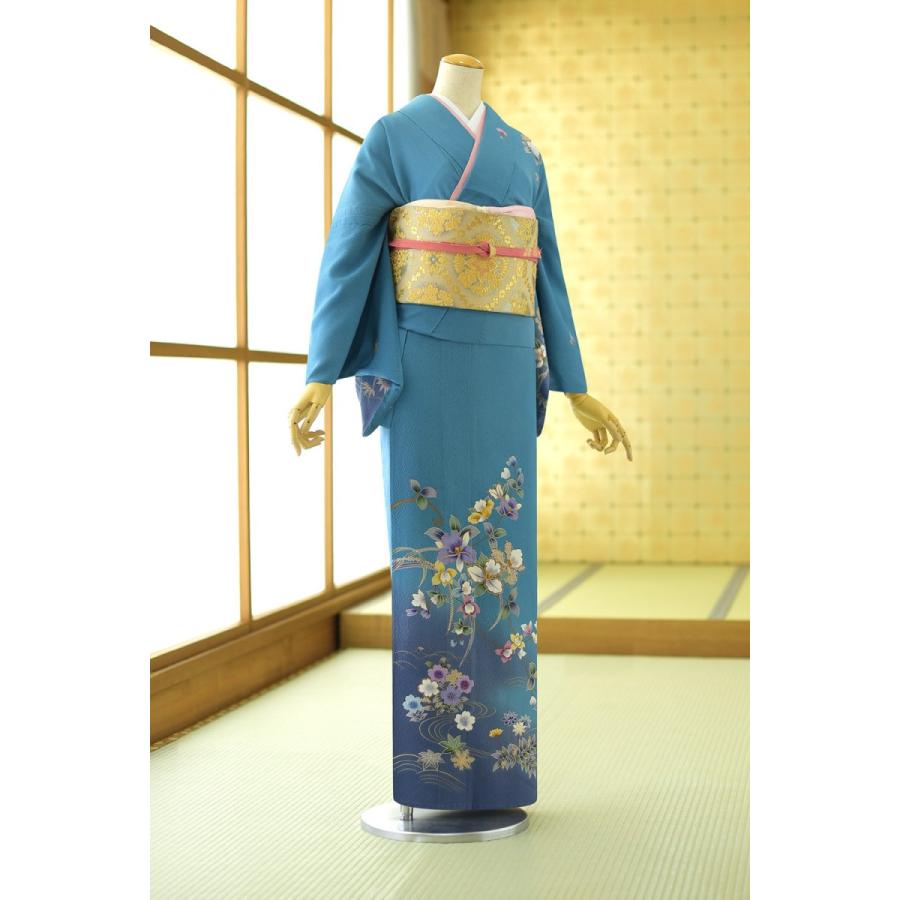 夏用単衣訪問着 ブルー花ごよみ 身長 155cm〜160cm位 訪問着 レンタル