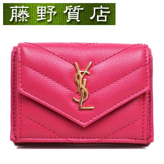 サンローラン 二つ折り財布 カサンドラ キャビアスキン ピンク サン