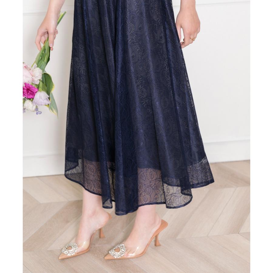 LEJA】ウエストマークパフスリーブ総レースロングドレスワンピース