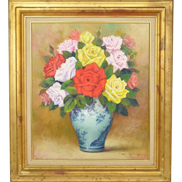 14) 真作 関川富士郎 直筆サイン入 油彩 絵画 薔薇 アンティーク 14