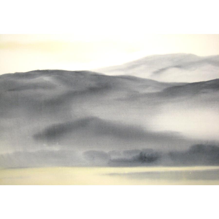 掛け軸 掛軸 水墨山湖 川村憲邦 (真筆・中古) 太巻・共箱・二重箱