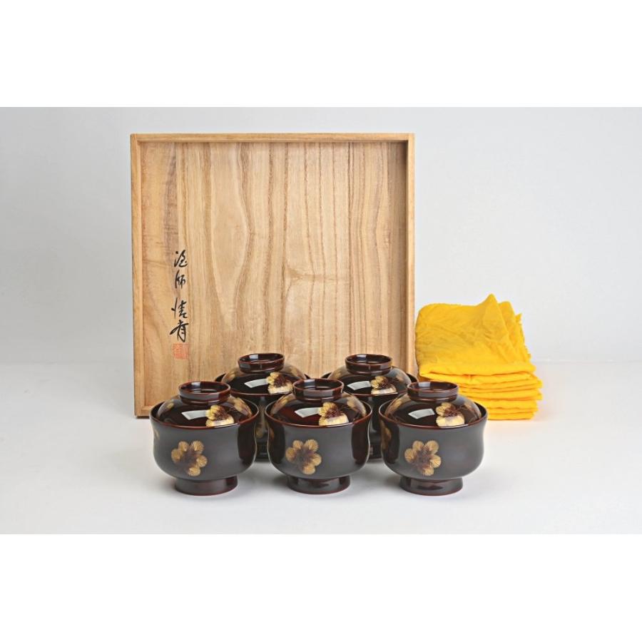 輪島塗 忍紋沈金 木製吸物椀 五客組 共箱有り 高級漆器 羊歯紋 輪島