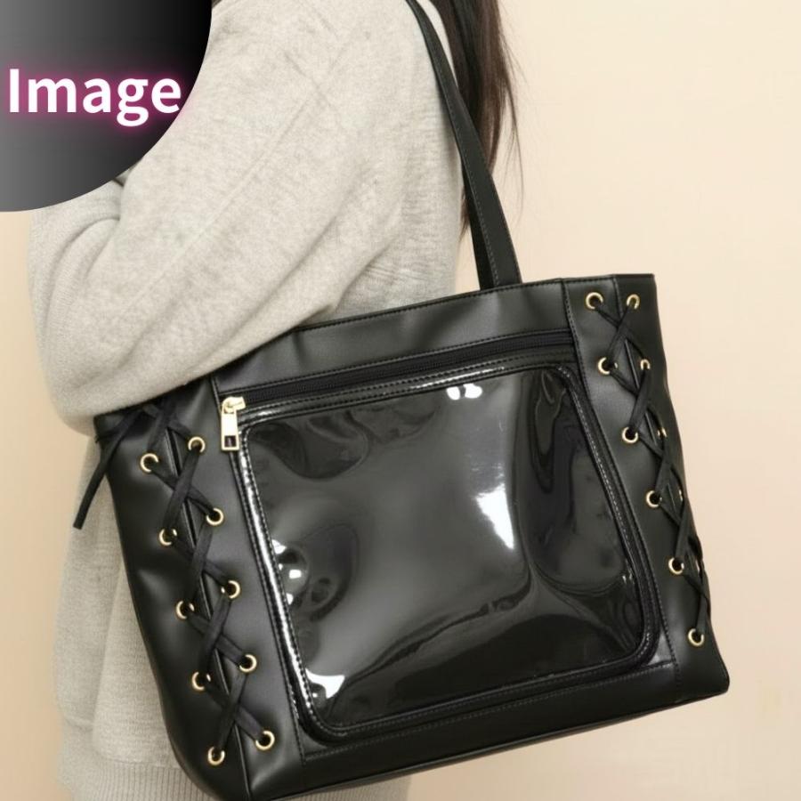 痛バッグ 痛バ トートバッグ 編み上げ A4 ブラック リボン 缶バッジ