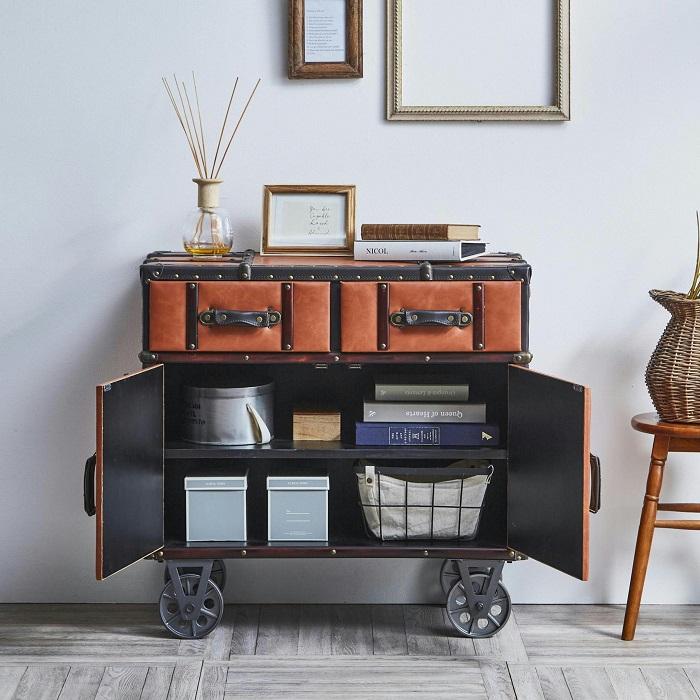 キャビネット 収納 80 車輪 キャスター付き 合皮 レザー アンティーク