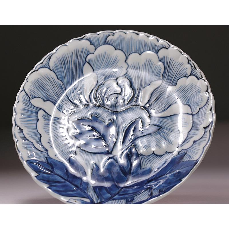 骨董・牡丹花図染め付け角皿×五客揃い