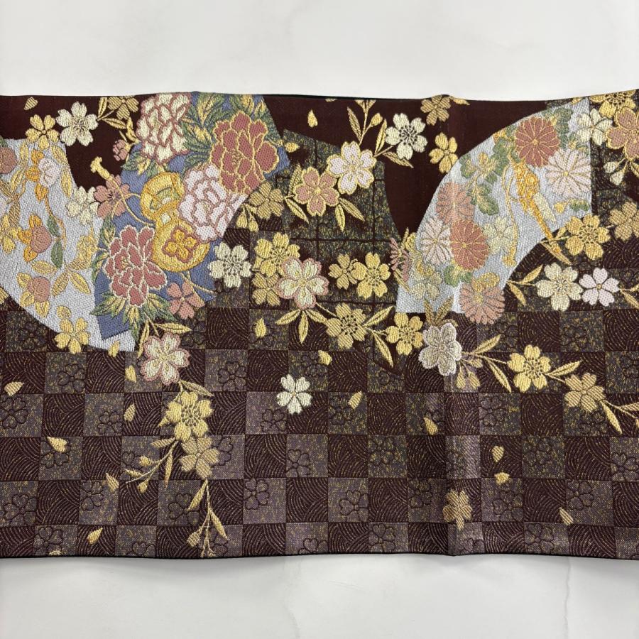 美品 袋帯 秀品 扇面 草花 金銀糸 刺繍 茶紫 六通 正絹 中古