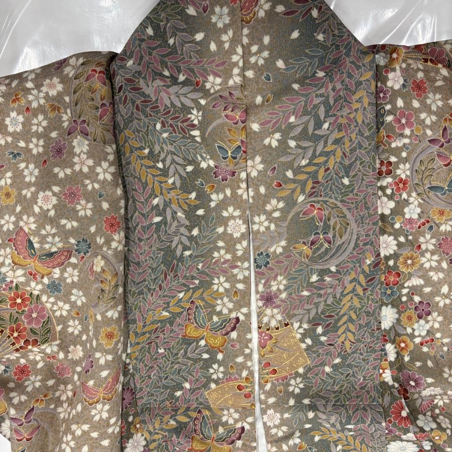 美品 小紋 身丈154cm 裄丈61.5cm S 袷 蝶 草花 金彩 灰緑 正絹 優品