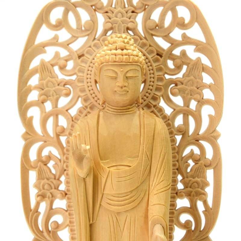 木彫り仏像 【舟形阿弥陀如来】 唐草光背六角台 桧木 立4.5寸 浄土宗