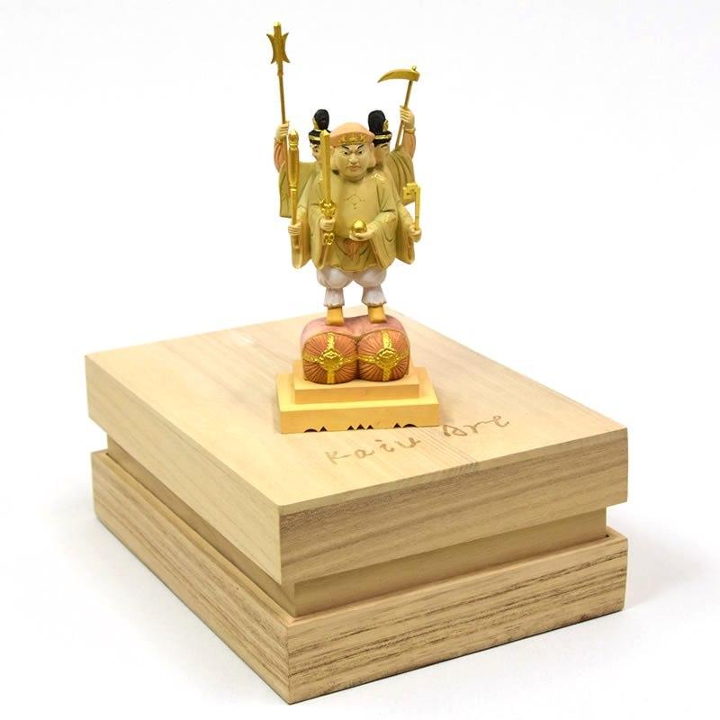 木彫り仏像 【小仏】柘植三面出世大黒天 淡彩色 比叡山形三面大黒天