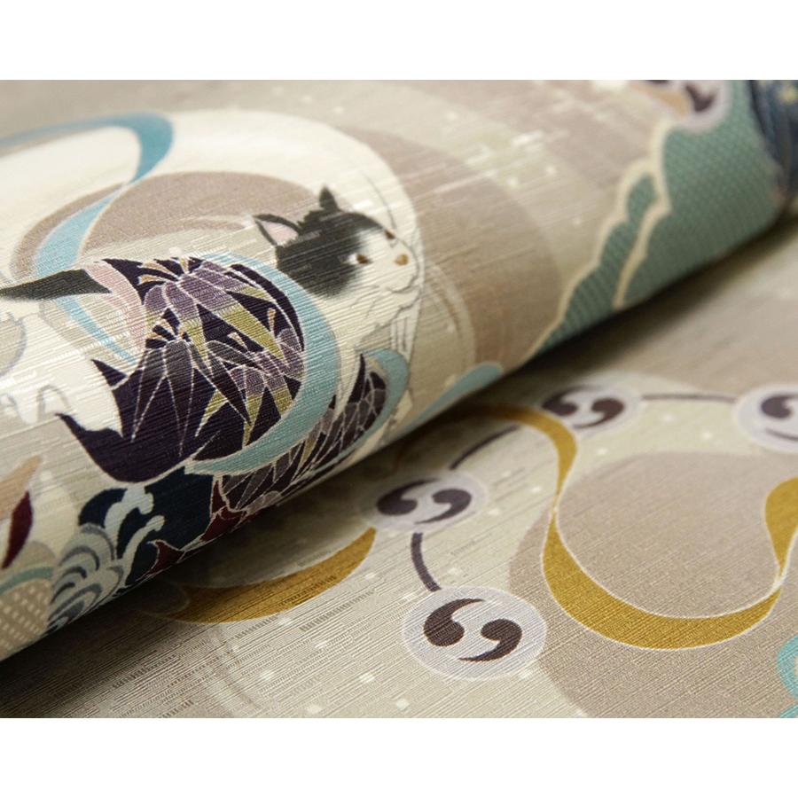 京袋帯 WAKKA 風神 雷神 猫 グレー 水色 正絹 お太鼓 一重太鼓