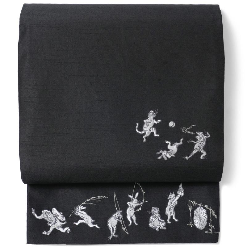 撫松庵 京袋帯 猫獣戯画 刺繍 黒 鳥獣戯画 日本画 お太鼓 一重太鼓