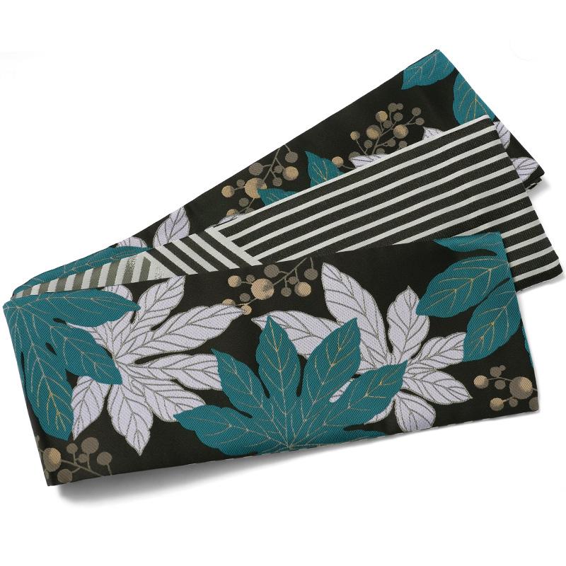 半幅帯 nico by wakka 天狗のうちわ 墨黒 ターコイズ ヤツデ 植物 葉