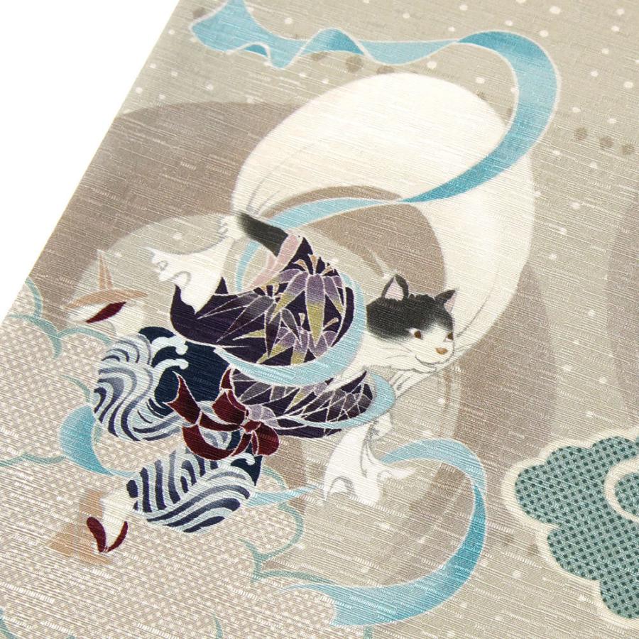 京袋帯 WAKKA 風神 雷神 猫 グレー 水色 正絹 お太鼓 一重太鼓