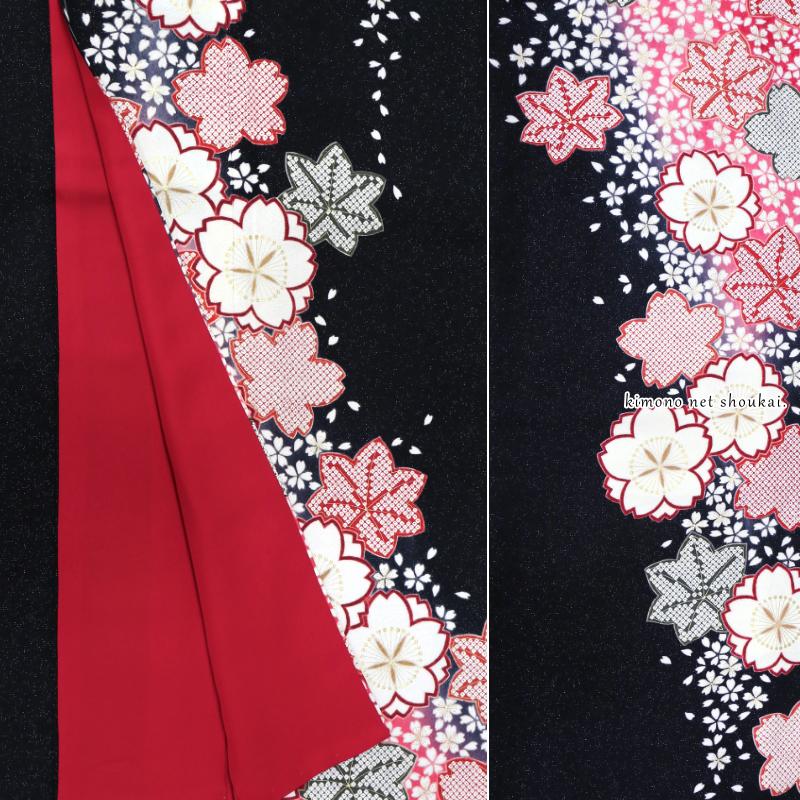 送料無料】【中古】 振袖 正絹（展示品 ランクS 黒 赤 桜 紅葉 絞り調