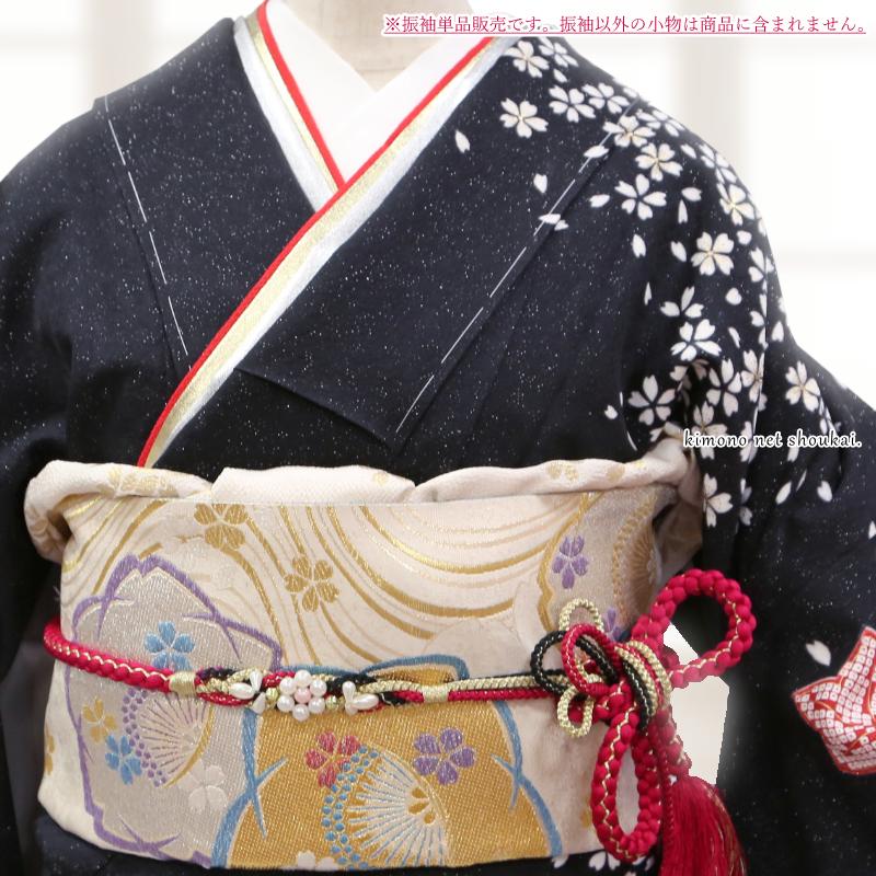 送料無料】【中古】 振袖 正絹（展示品 ランクS 黒 赤 桜 紅葉 絞り調