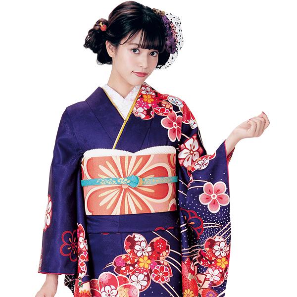 H.L（アッシュ・エル） 振袖3点セット 濃紫地吉祥華紋 振袖 袋帯