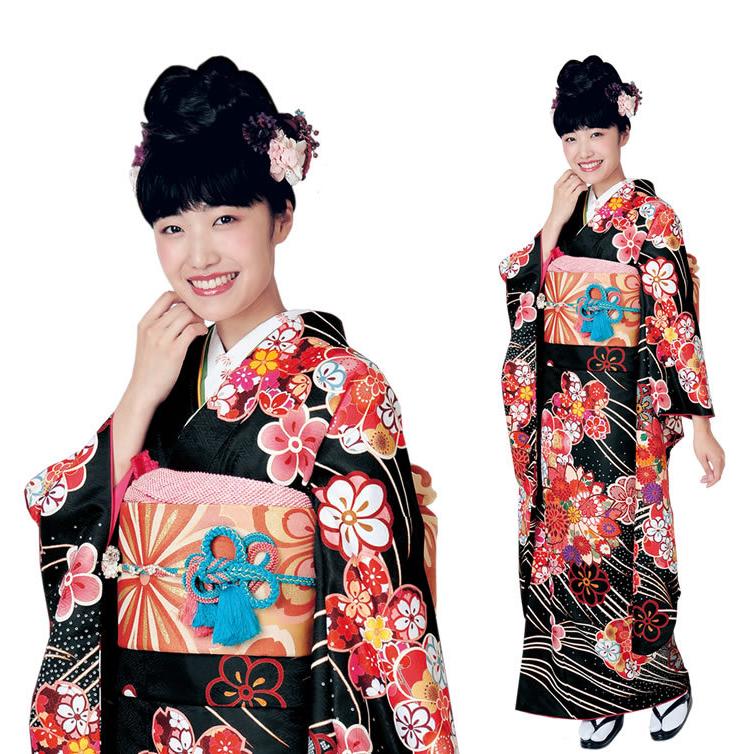 H.L（アッシュ・エル） 振袖3点セット 黒地吉祥華紋 振袖 袋帯 長襦袢