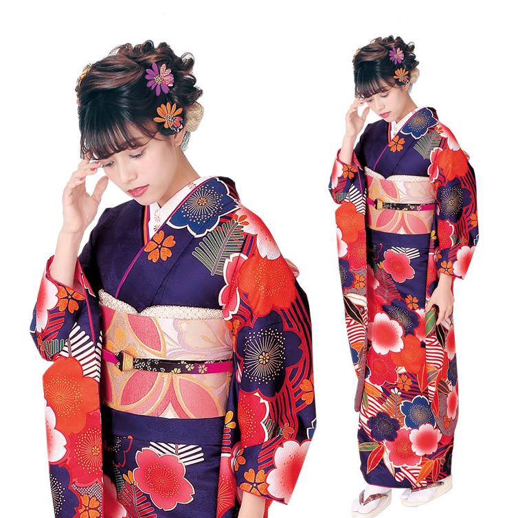 H.L（アッシュ・エル） 振袖3点セット 濃紫地大輪桜紋 振袖 袋帯