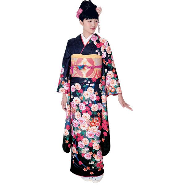 H.L（アッシュ・エル） 振袖3点セット 黒地しだれ牡丹桜 振袖 袋帯