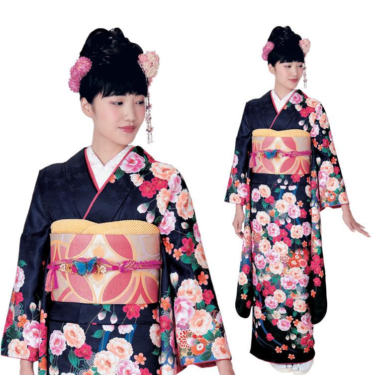 H.L（アッシュ・エル） 振袖3点セット 黒地しだれ牡丹桜 振袖 袋帯