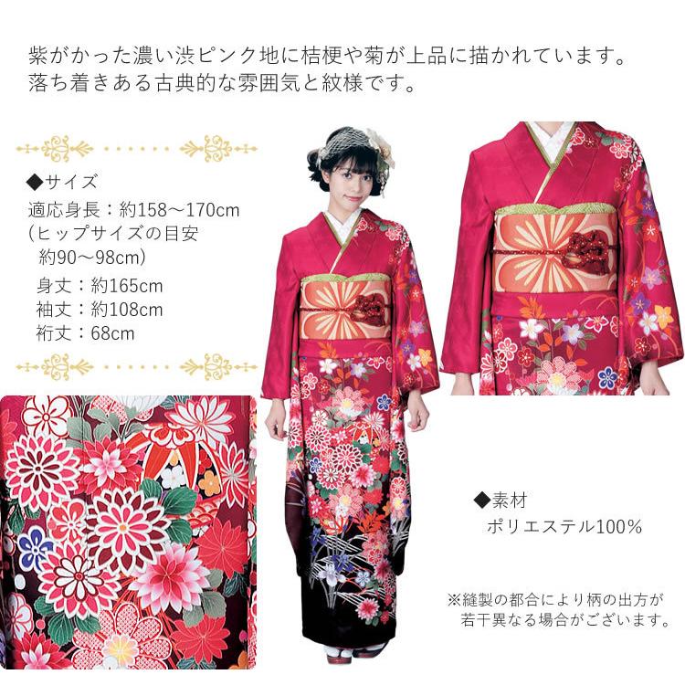 H.L（アッシュ・エル） 振袖3点セット 渋赤ピンク地桔梗と菊 振袖 袋帯