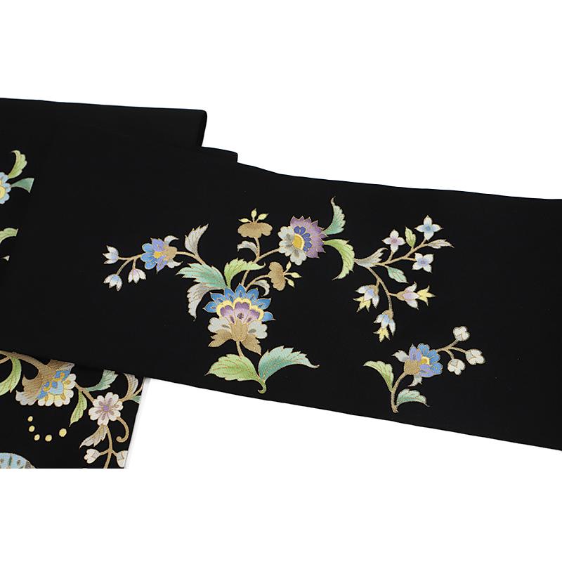 名古屋帯 岡重 黒地 象 花唐草 唐花 更紗 最塩瀬 友禅染 新品 未仕立て