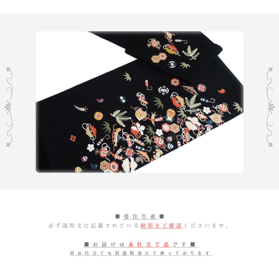 名古屋帯 十日町友禅 秀美 未仕立て 正絹 宝尽くし 松竹梅 黒地