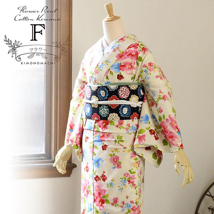 KIMONOMACHI 洗える着物 小紋 木綿着物 単品 「フラワープリント