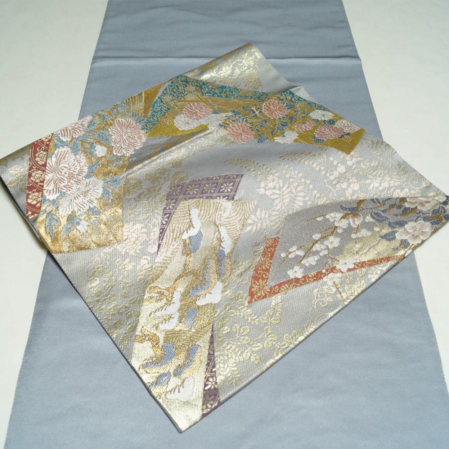 袋帯 じゅらく帝王紫 短冊に春秋百花・吉祥模様 帝王紫 金糸 中古