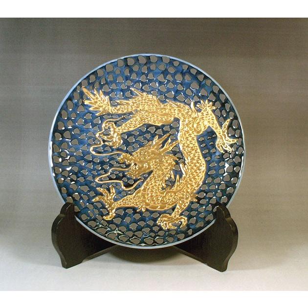 波と龍の彫刻 24金メッキ皿 波と龍の彫刻 24金メッキ皿