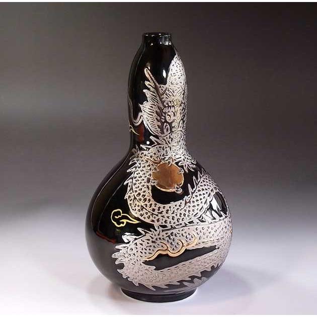 天目釉金プラチナ彩龍絵花瓶｜有田焼 陶芸作家 藤井錦彩作 : 有田焼