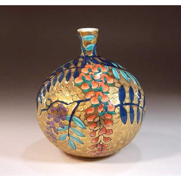 有田焼 陶芸家 藤井錦彩作 染錦黄金藤絵飾り花瓶 : 有田焼 藤井錦彩窯