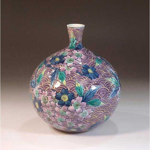 有田焼 陶芸家 藤井錦彩作 染錦金彩青海波桜絵飾り花瓶 : 有田焼 藤井