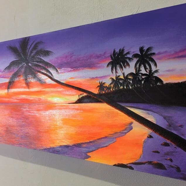 海の絵 ヤシの木 サンセットビーチ A W150×H50cm 絵画 (1179-1) 大きい