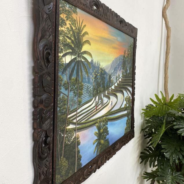 バリ絵画 風景画 棚田 ライステラス 夕日 木彫りフレーム付 W120