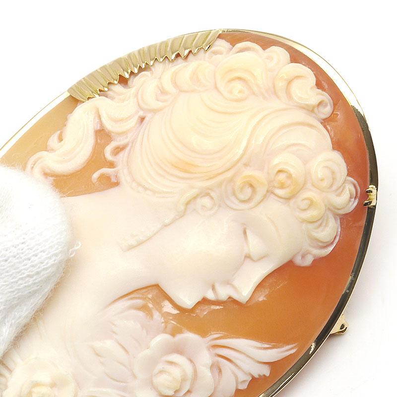 シェルカメオブローチ K18YG ペンダントトップ兼用 女性 横顔 花