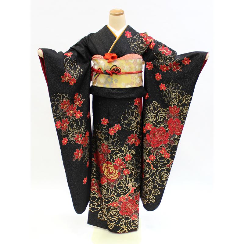 振袖レンタル 成人式 フルセット 1月 振袖 レンタル 黒 赤/金 バラ NR