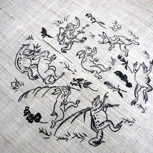 麻のれん 「わいわい」 鳥獣戯画のれん のれん 手描き 万葉舎 ロング丈