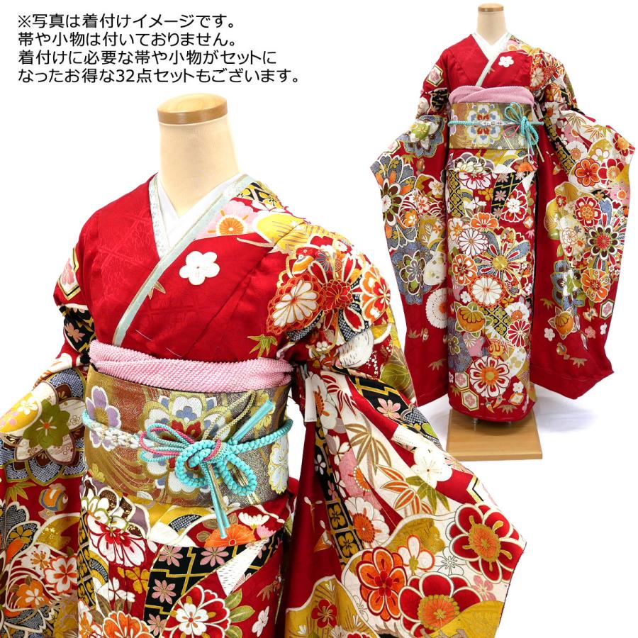 仕立て付き 正絹 振袖 f-424-t 菊 桜 赤 レッド 古典柄 成人式 卒業式
