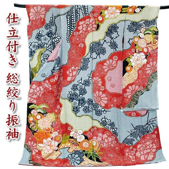 セール＞仕立付 総絞り 古典柄 正絹総絞り振袖 単品 刺繍入り f-034 赤