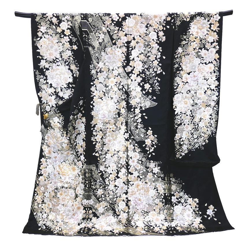 仕立て付 正絹振袖 単品 花 桜 f-171-t 黒 丹後ちりめん 刺繍 新品購入