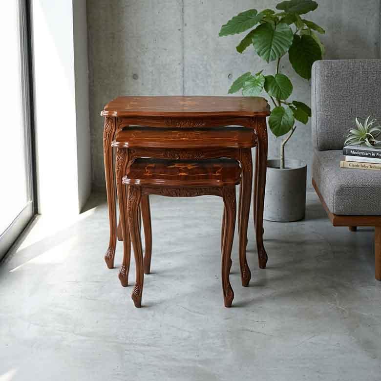 イタリア ネストテーブル 3個 テーブル 花台 茶 象嵌 猫脚 完成品