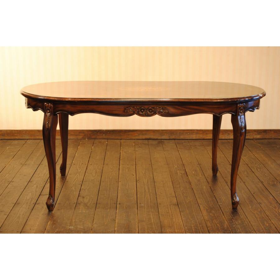 ダイニングテーブル 165cm 楕円形 象嵌 花柄 マホガニー 4人用 茶