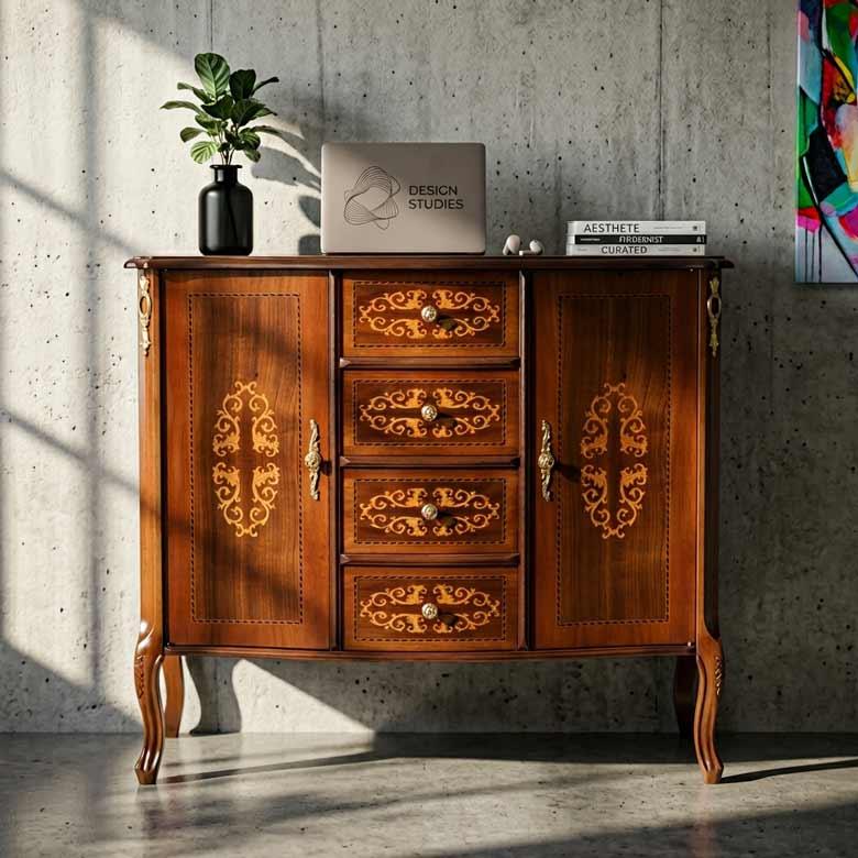 イタリア ローキャビネット 象嵌 サイドボード 猫脚 4316/DOGI