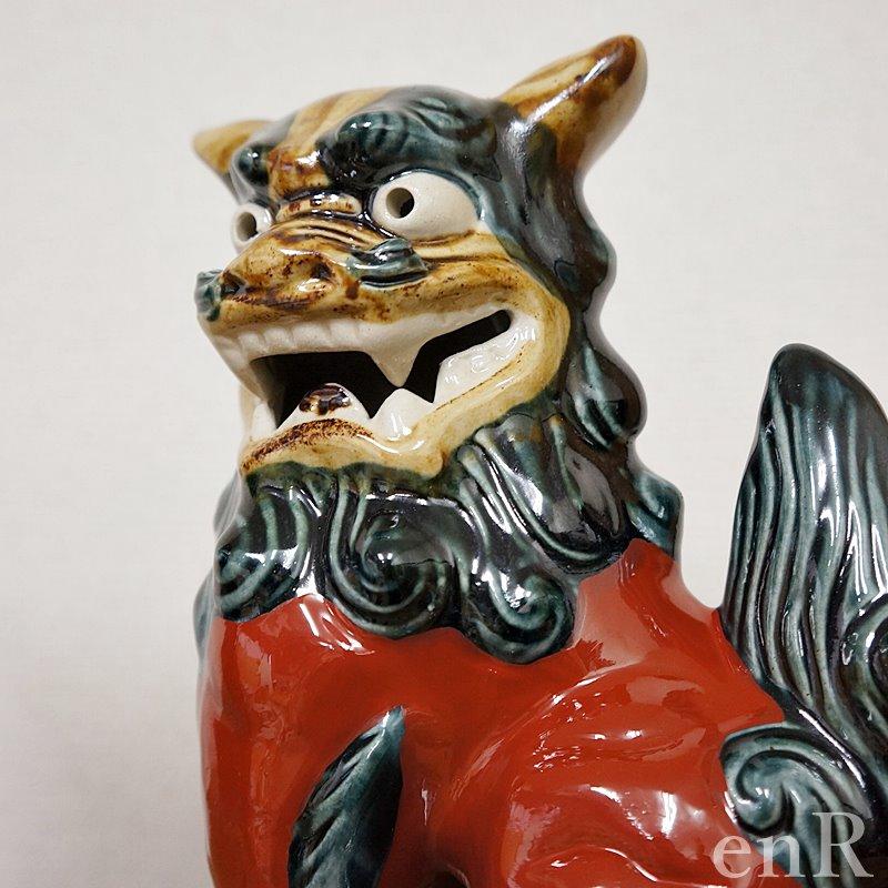 琉球 沖縄 壺屋焼赤絵 陶器獅子威嚇 魔除け シーサ置物作家物 2點