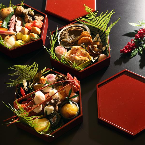 山田平安堂 六角二段重 朱塗(取皿4枚付) 重箱/漆器 : 漆器 山田平安堂