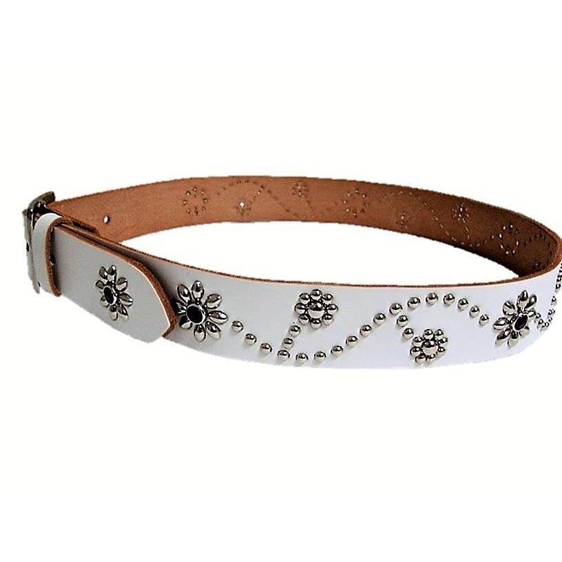 栃木レザー フラワー型 スタッズベルト 白 パープルスポッツ 日本製 一
