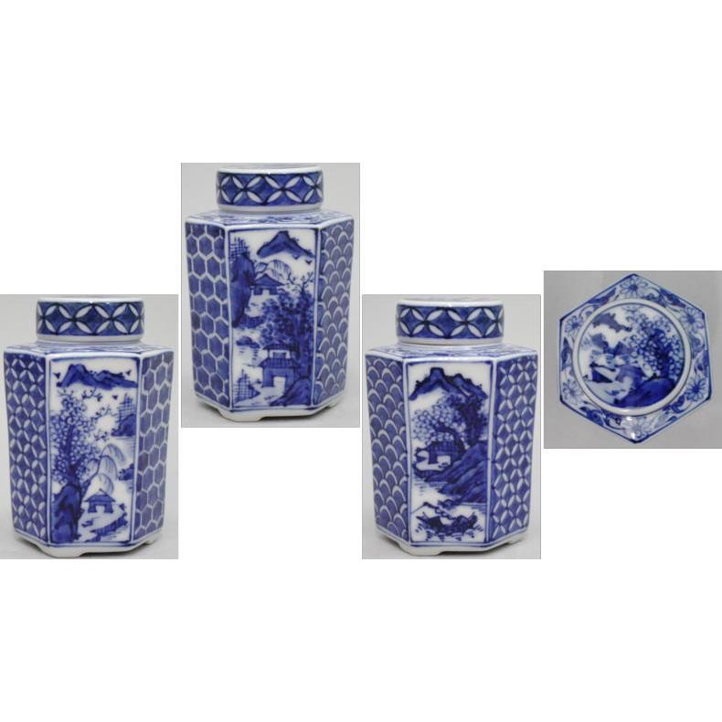 煎茶道具 茶入 京焼き 染付 山水 六角 高野昭阿弥作 茶心壷 茶心壺 茶