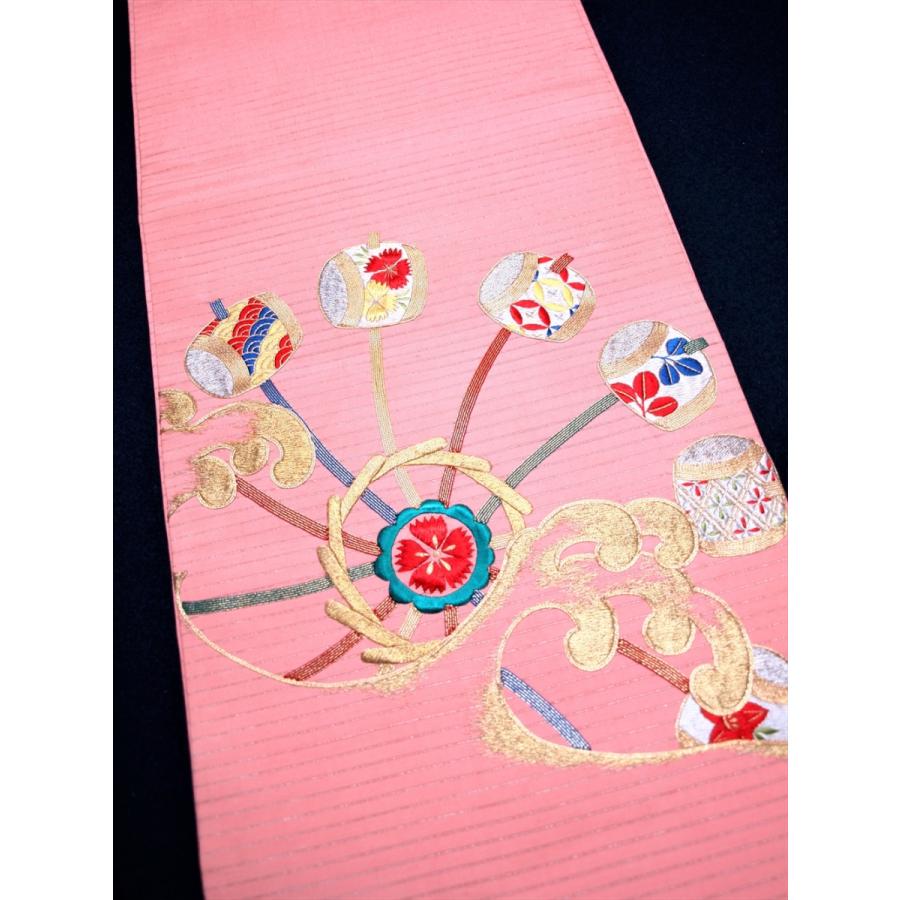 アンティーク帯 袋帯 絽 夏帯 水車 波 ピンク 刺繍 豪華 : 壱の蔵